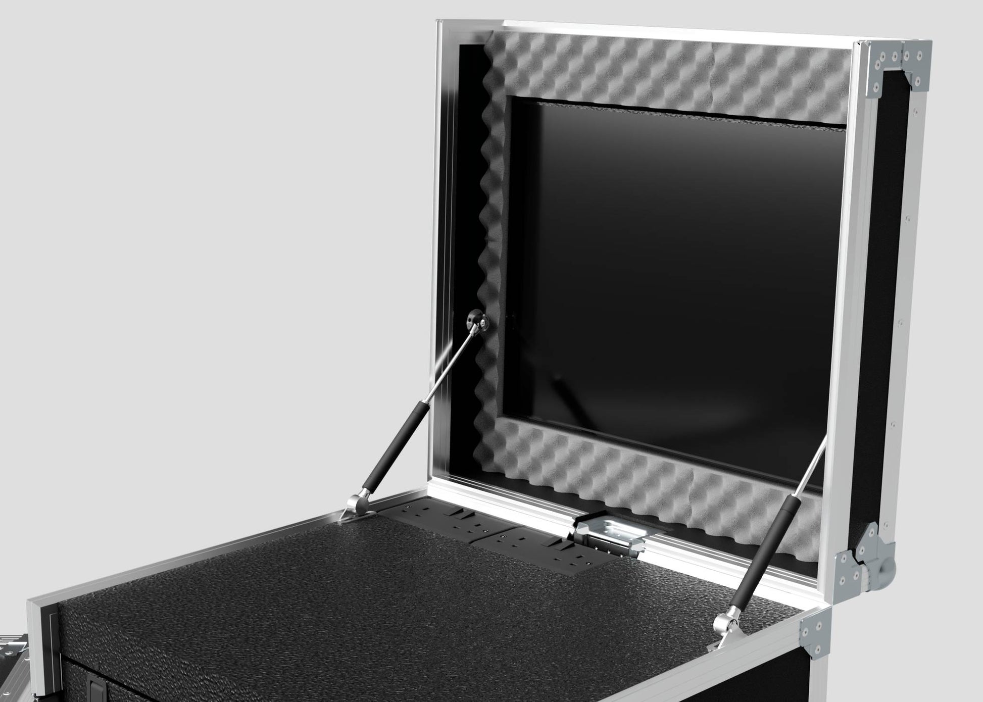 The TM TV Drawer Case is a black and silver hard case with a foam-lined interior and built-in monitor, ideal for attaching to trestle tables at events or trade shows.