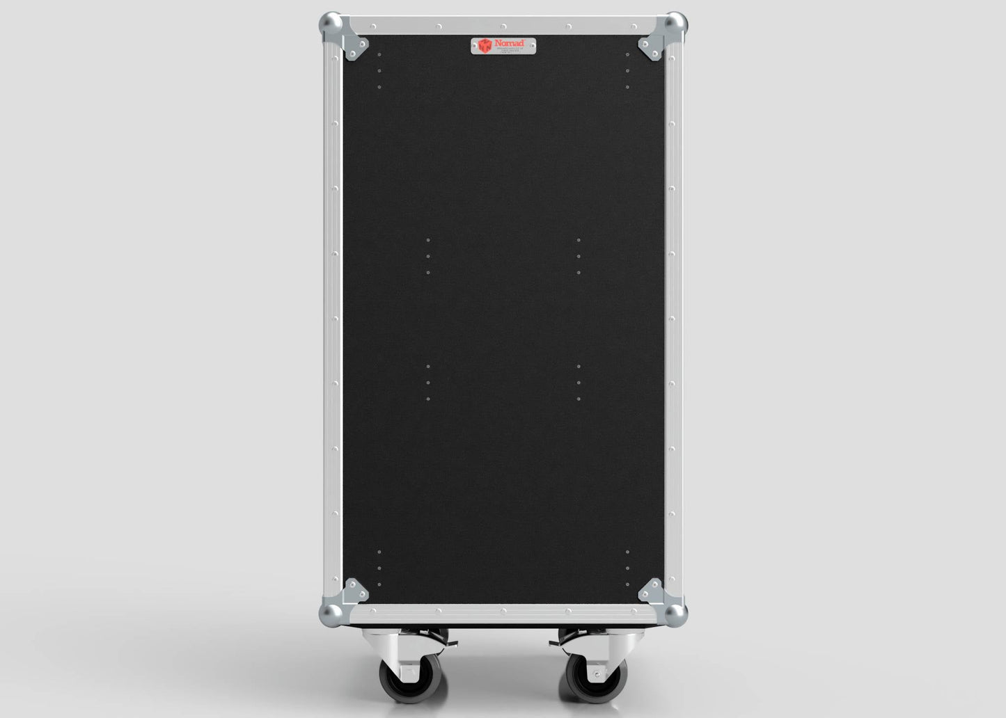 The TM TV Drawer Case is a large black road case with metal edges, corner protectors, and side attachment features, standing upright on four caster wheels—perfect for storing items like a trestle table, against a plain light background.