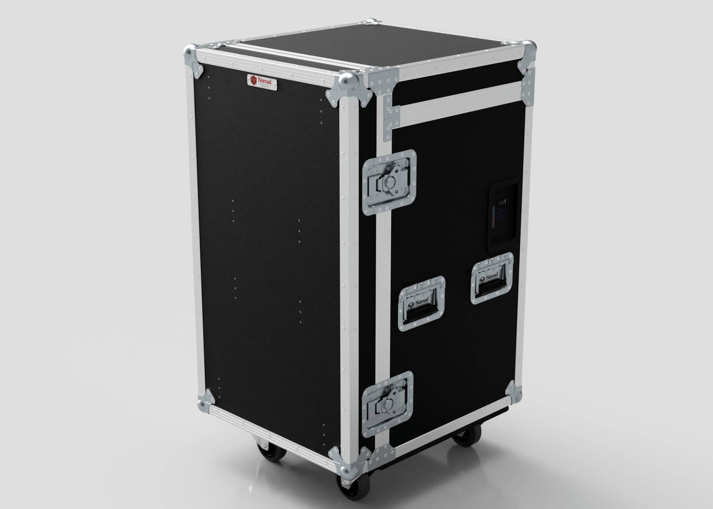 The TM TV Drawer Case is a black wheeled equipment case with metal edges, corner protectors, latches, and handles. Its external dimensions are ideal for storing gear under a trestle table or attaching additional storage on the side.