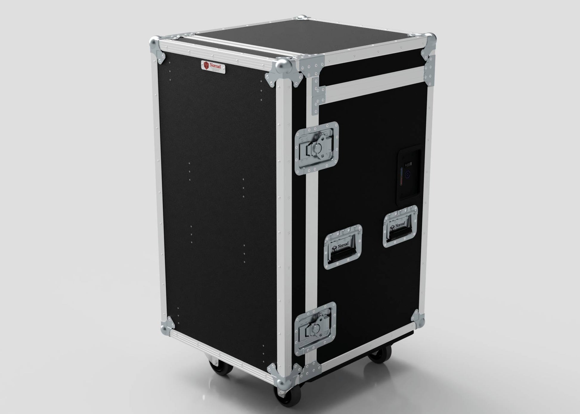 The TM TV Drawer Case is a black wheeled equipment case with metal edges, corner protectors, latches, and handles. Its external dimensions are ideal for storing gear under a trestle table or attaching additional storage on the side.