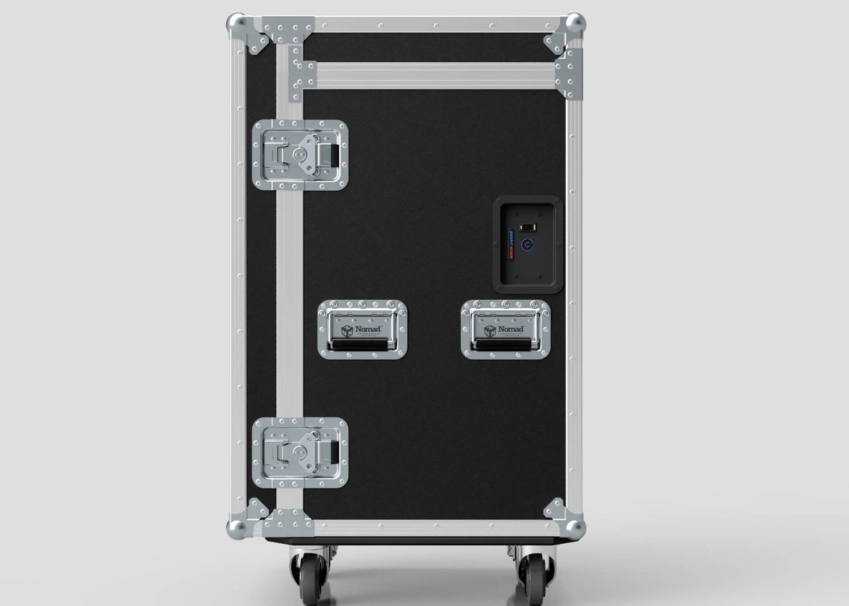 The TM TV Drawer Case is a black and silver wheeled flight case with three metal handles, reinforced corners, latches, and side attaching points—ideal for transporting a trestle table. Set against a plain light background.