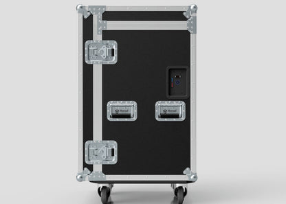 The TM TV Drawer Case is a black and silver wheeled flight case with three metal handles, reinforced corners, latches, and side attaching points—ideal for transporting a trestle table. Set against a plain light background.