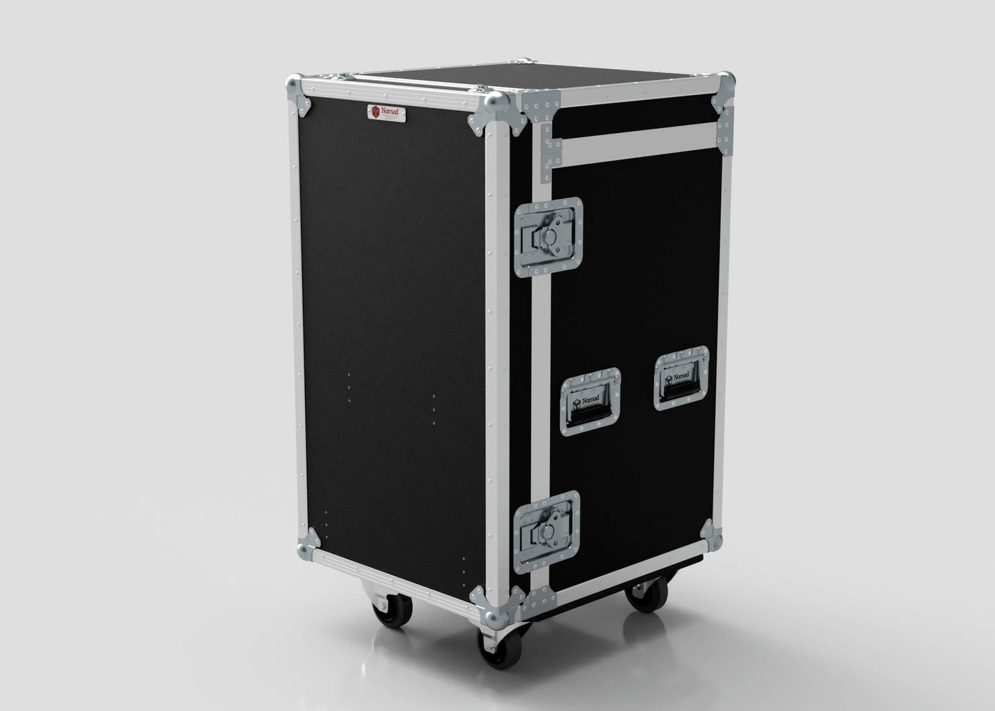 The TM Whiteboard Drawer Case is a large black equipment case with metal reinforcements, handles, latches, four wheels, secure side attaching hardware, and is shown on a plain white background; ideal for storing trestle table parts.