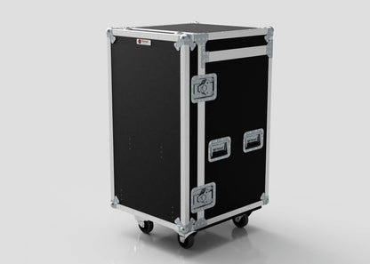 The TM Whiteboard Drawer Case is a large black equipment case with metal reinforcements, handles, latches, four wheels, secure side attaching hardware, and is shown on a plain white background; ideal for storing trestle table parts.