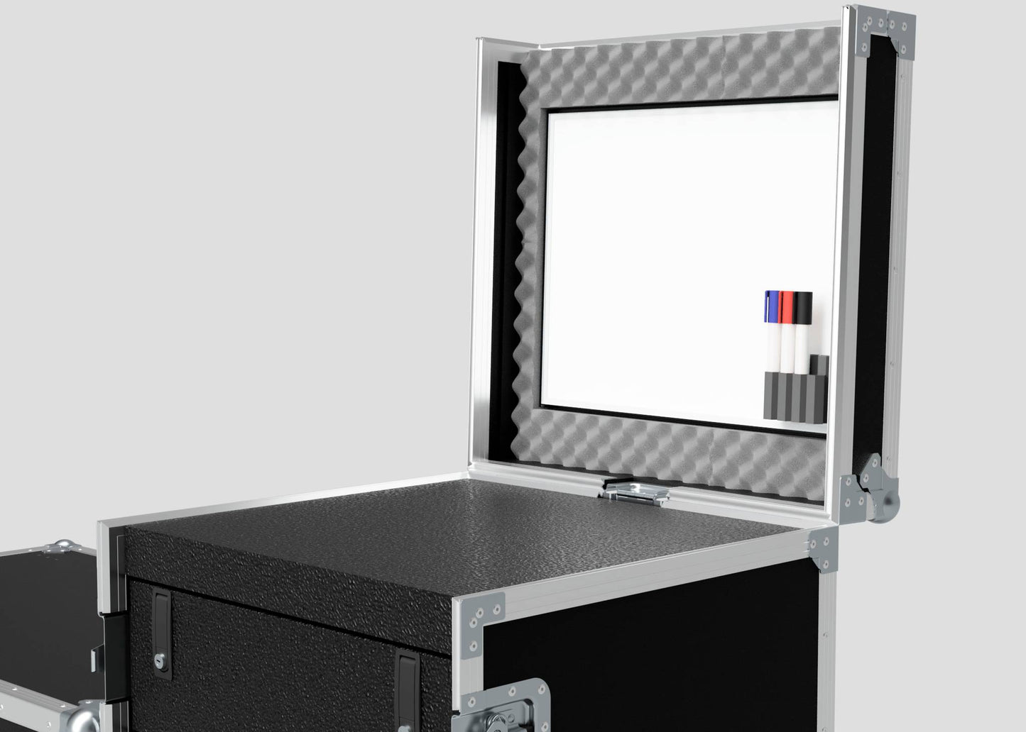 The TM Whiteboard Drawer Case features a foam-lined lid, built-in whiteboard, and four markers in a holder—perfect for side attachment to a trestle table. Its compact external dimensions allow for easy transport.