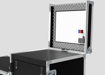 The TM Whiteboard Drawer Case features a foam-lined lid, built-in whiteboard, and four markers in a holder—perfect for side attachment to a trestle table. Its compact external dimensions allow for easy transport.