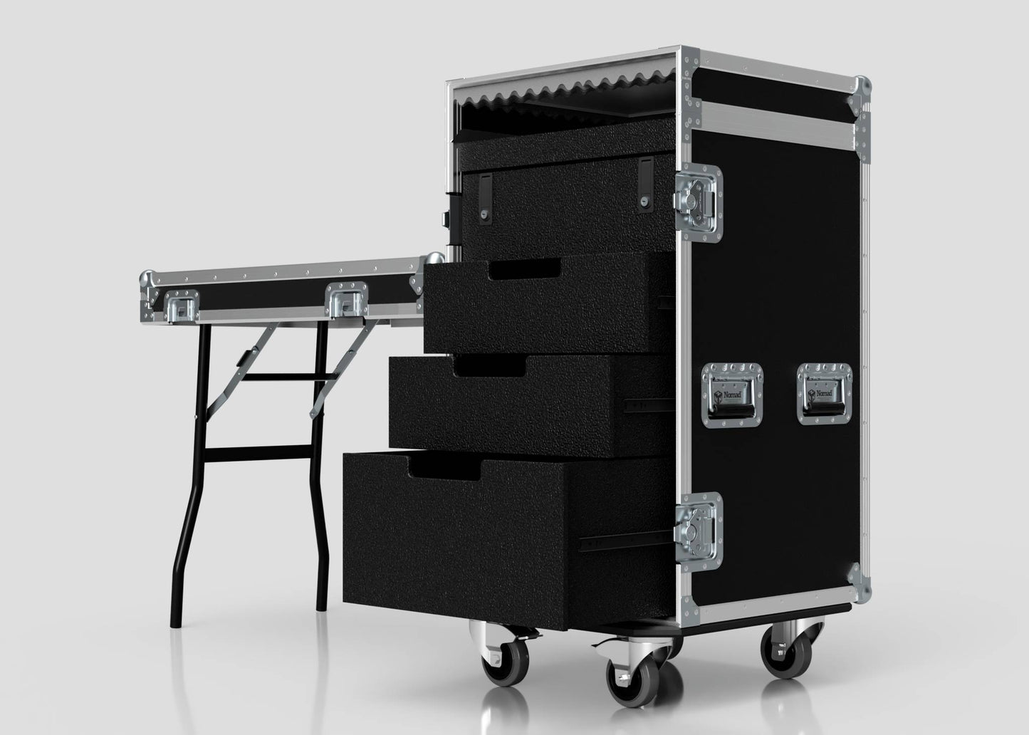 The TM Whiteboard Drawer Case, a black rolling equipment case with metal edges and external dimensions for easy transport, is open to show three foam-lined drawers and is placed beside a trestle table on a white background.