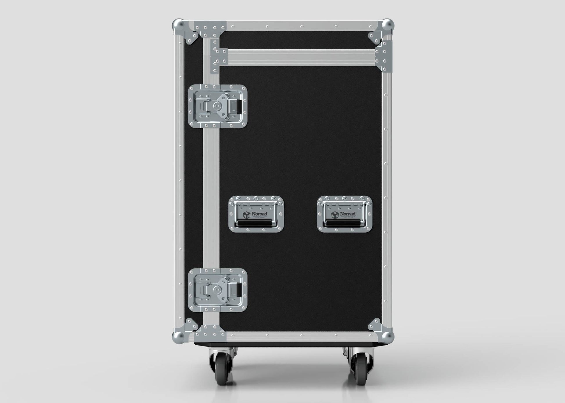 The TM Whiteboard Drawer Case is a black rectangular equipment case with metal reinforcements, two handles, caster wheels, side attaching features for trestle table compatibility, and optimized external dimensions, shown on a plain light gray background.