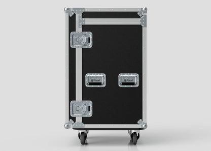 The TM Whiteboard Drawer Case is a black rectangular equipment case with metal reinforcements, two handles, caster wheels, side attaching features for trestle table compatibility, and optimized external dimensions, shown on a plain light gray background.
