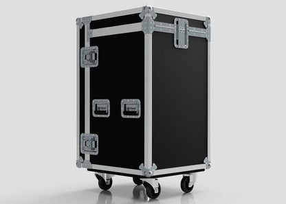 The TM Whiteboard Drawer Case, a large black case with metal reinforcements, handles, and four caster wheels, stands upright and showcases its sturdy external dimensions against a plain background.