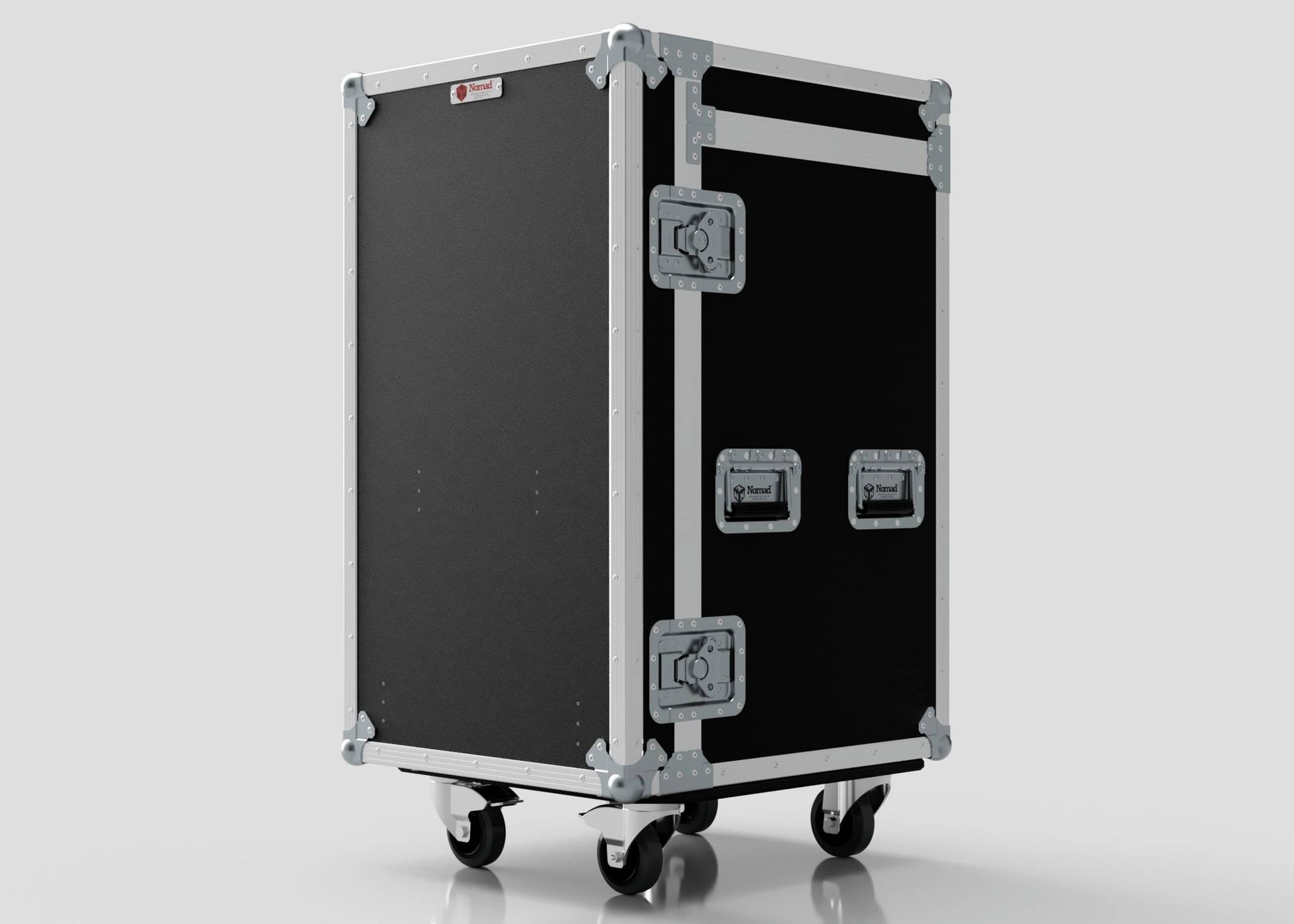 The Nomad Cases TM Whiteboard Drawer Case, in black and silver with metal reinforcement, handles, and caster wheels, stands upright against a plain background—ideal for side mounting to a trestle table or easy transport.