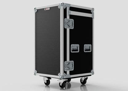 The Nomad Cases TM Whiteboard Drawer Case, in black and silver with metal reinforcement, handles, and caster wheels, stands upright against a plain background—ideal for side mounting to a trestle table or easy transport.