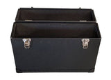 The Lite Guard™ Top-Opening Presentation Case is a black rectangular portfolio with two compartments, metal corner protectors, and silver latches. Open to reveal an empty interior, it's perfect for protecting prints or as a sleek presentation case.