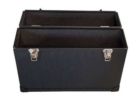 The Lite Guard™ Top-Opening Presentation Case is a black rectangular portfolio with two compartments, metal corner protectors, and silver latches. Open to reveal an empty interior, it's perfect for protecting prints or as a sleek presentation case.
