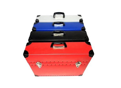 Four Lite Guard™ Top-Opening Presentation Cases in red, black, blue, and silver are stacked in a row on a white background—ideal for protecting prints.