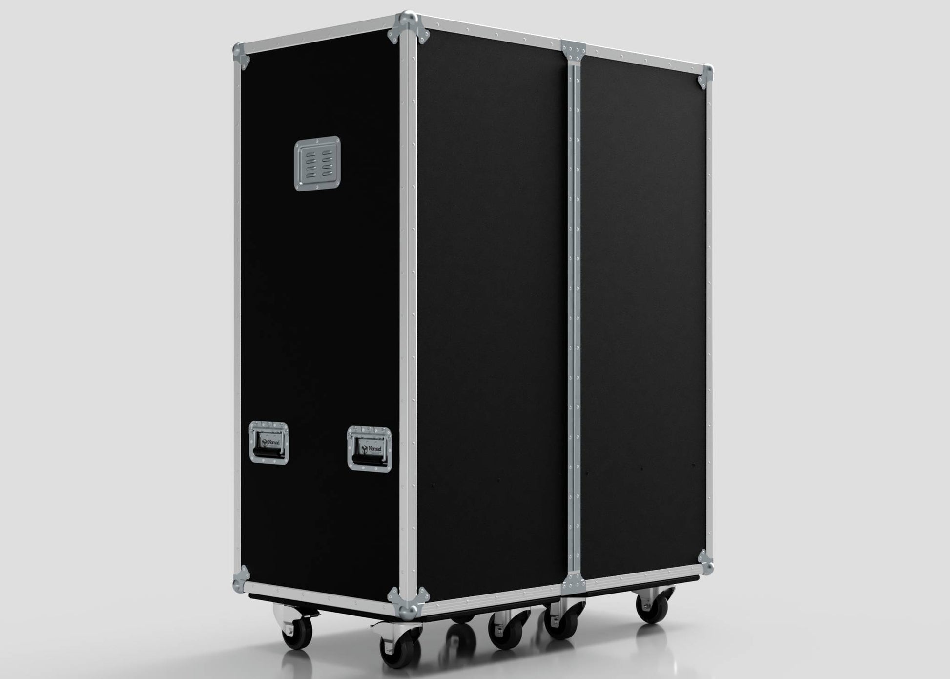 Touring Wardrobe Case with Shoe Drawers in black, featuring metal edges and corners, two handles, six caster wheels, and external dimensions of 1179 x 680 x 1569 mm, shown against a plain light background.