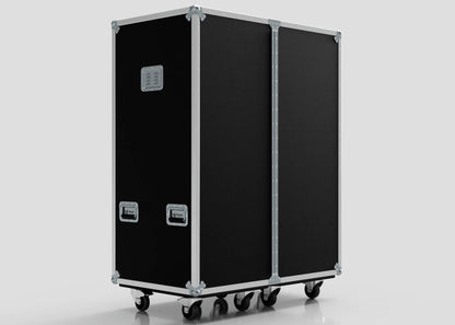 Touring Wardrobe Case with Shoe Drawers in black, featuring metal edges and corners, two handles, six caster wheels, and external dimensions of 1179 x 680 x 1569 mm, shown against a plain light background.