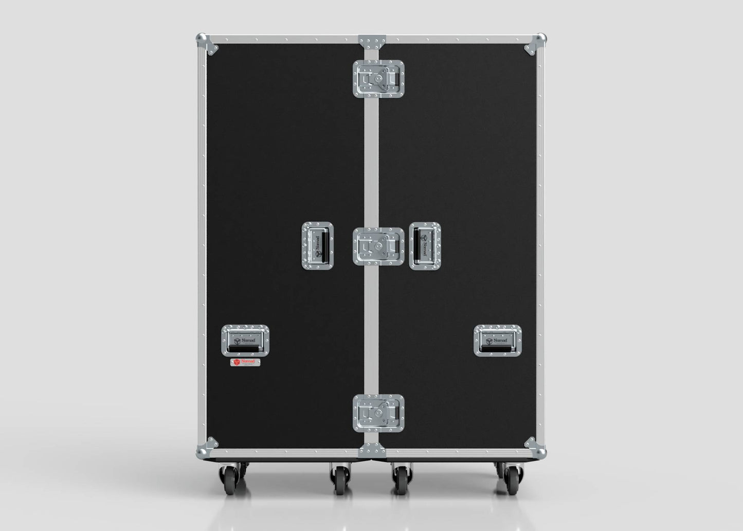 The Touring Wardrobe Case with Shoe Drawers is a large black road case featuring metal edges, handles, and latches. It stands upright on four wheels and has external dimensions of 1179 x 680 x 1569 mm.