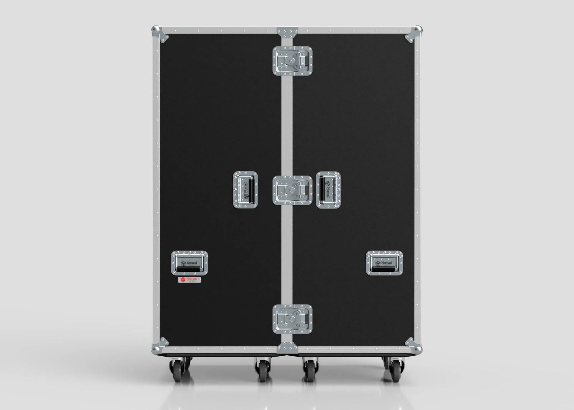 The Touring Wardrobe Case with Shoe Drawers is a large black road case featuring metal edges, handles, and latches. It stands upright on four wheels and has external dimensions of 1179 x 680 x 1569 mm.