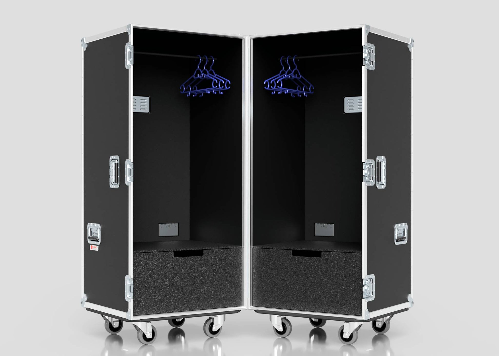Two black Touring Wardrobe Cases with wheels, hanging rods, blue hangers, lower shoe drawers, and side metal handles. Each measures 1179 x 680 x 1569 mm.