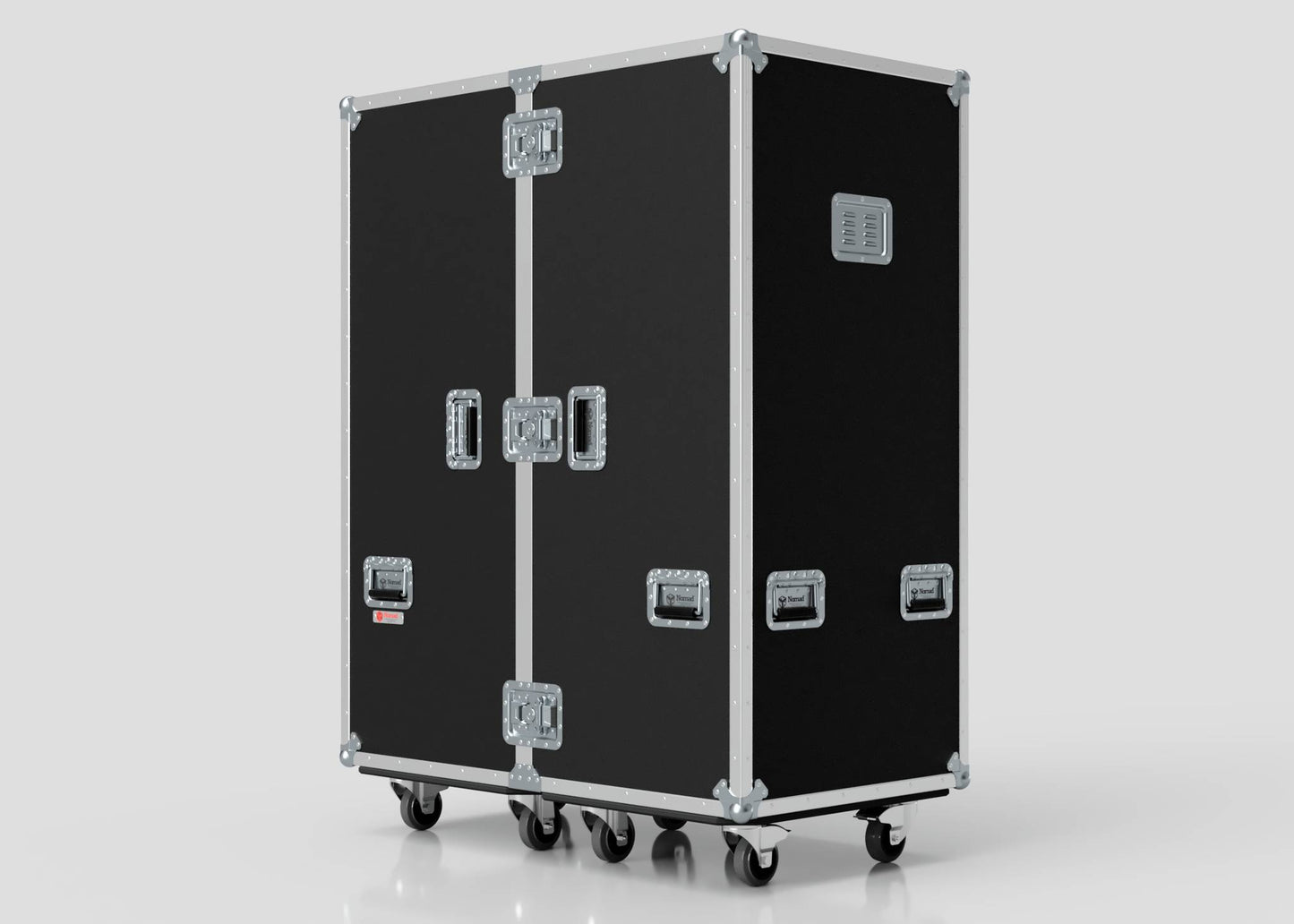 A Touring Wardrobe Case with Shoe Drawers, black with metal edges and handles, lockable latches, six caster wheels, and external dimensions of 1179 x 680 x 1569 mm, shown against a plain light background.
