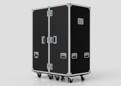 A Touring Wardrobe Case with Shoe Drawers, black with metal edges and handles, lockable latches, six caster wheels, and external dimensions of 1179 x 680 x 1569 mm, shown against a plain light background.