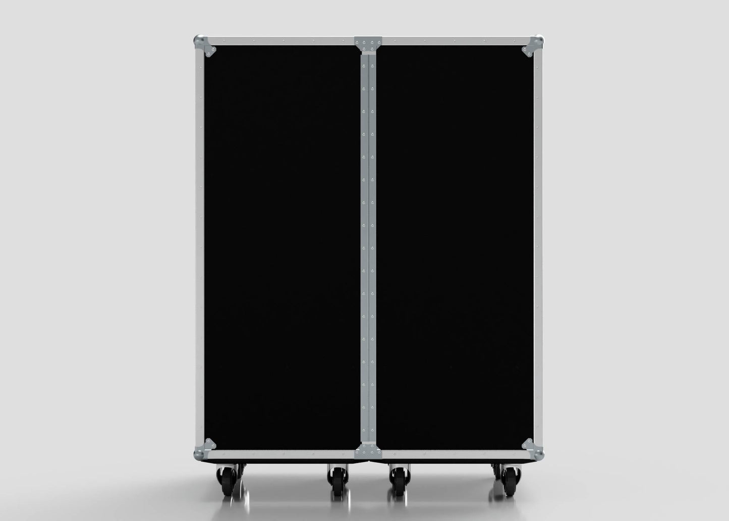 A large, black Touring Wardrobe Case with Shoe Drawers, silver metal edges, eight caster wheels, and external dimensions of 1179 x 680 x 1569 mm is shown against a plain white background.