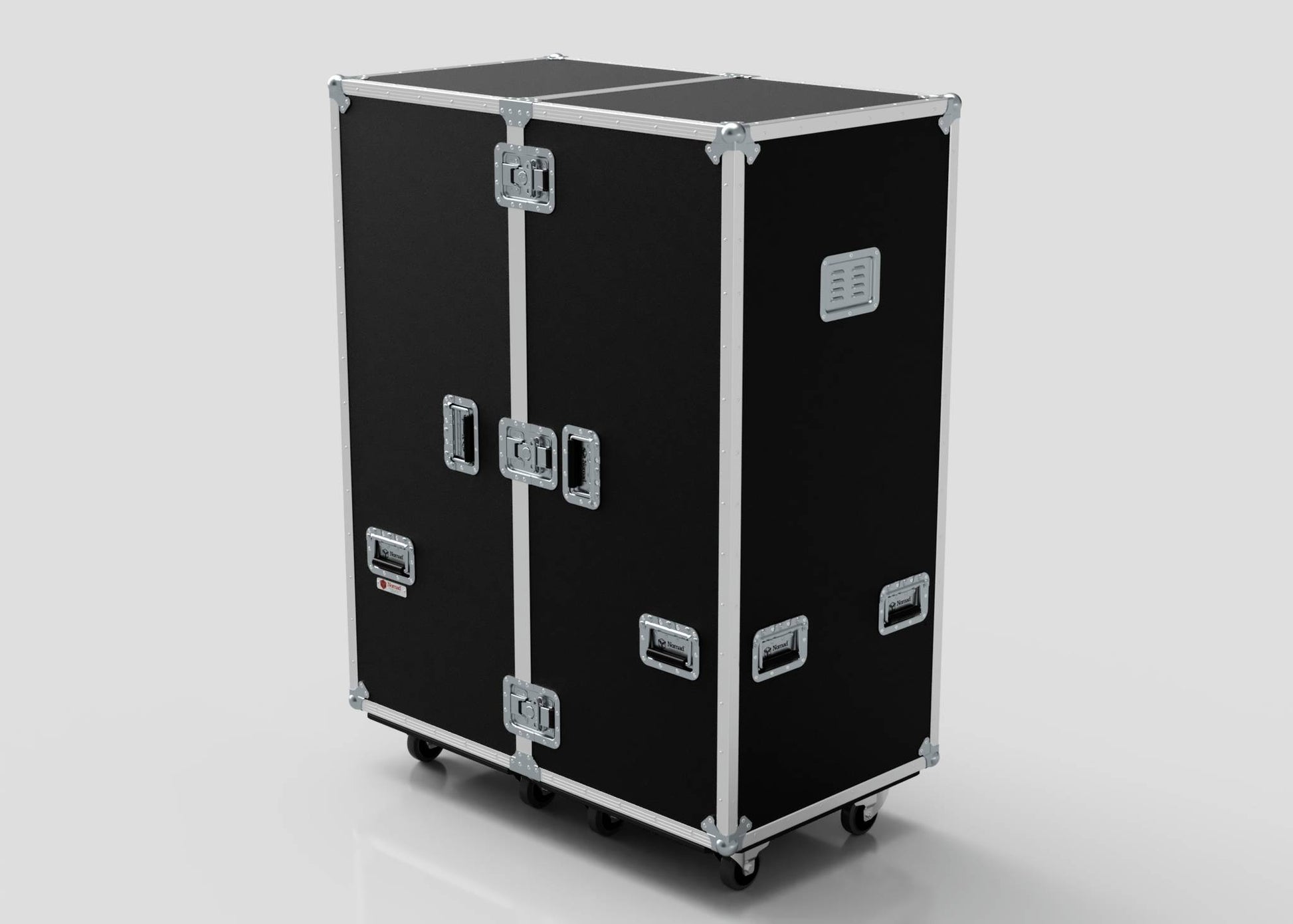 The Touring Wardrobe Case with Shoe Drawers is a large black flight case featuring metal edges, handles, latches, and caster wheels. Shown against a plain background. External dimensions: 1179 x 680 x 1569 mm.