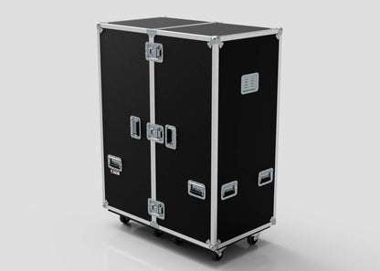 The Touring Wardrobe Case with Shoe Drawers is a large black flight case featuring metal edges, handles, latches, and caster wheels. Shown against a plain background. External dimensions: 1179 x 680 x 1569 mm.