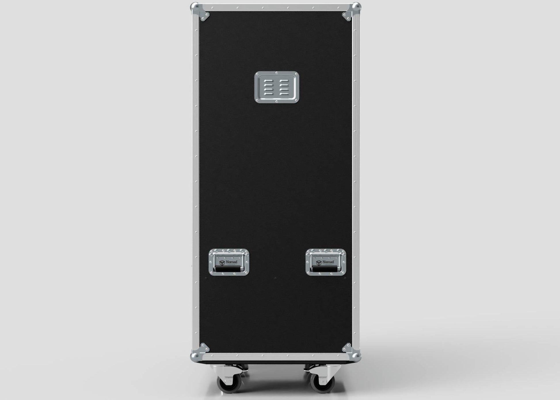 The Touring Wardrobe Case with Shoe Drawers is a tall black case with metal corners and two handles on the lower front, upright on wheels against a plain background, with external dimensions of 1179 x 680 x 1569 mm.