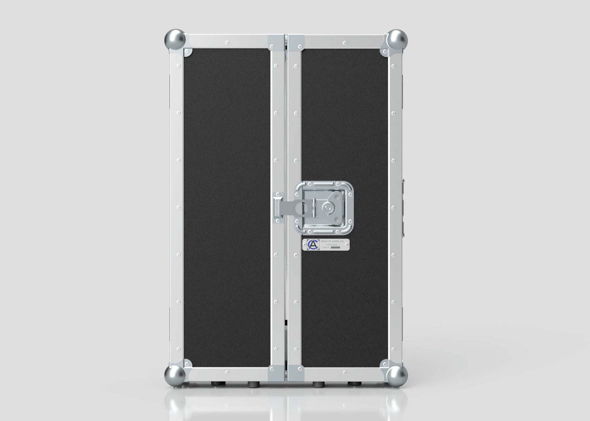 A closed Vanity Dressing Room Makeup Mirror Case in black and silver with reinforced corners and a central latch stands upright against a plain light background.