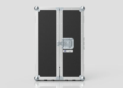 A closed Vanity Dressing Room Makeup Mirror Case in black and silver with reinforced corners and a central latch stands upright against a plain light background.