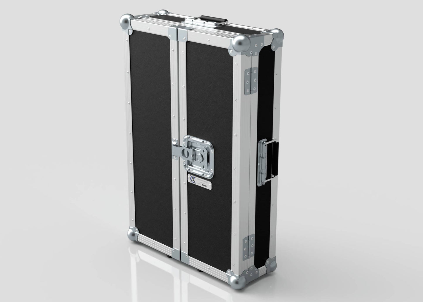 The Vanity Dressing Room Makeup Mirror Case, in black and silver with metal edges, reinforced corners, latch, and handles, stands upright on a reflective surface.