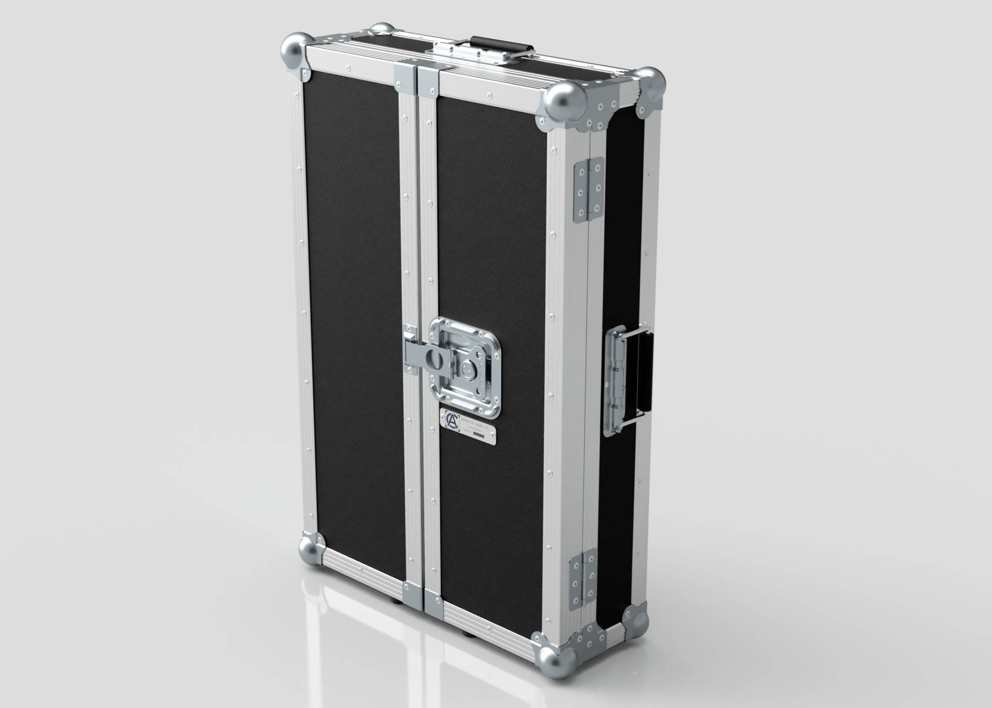 The Vanity Dressing Room Makeup Mirror Case, in black and silver with metal edges, reinforced corners, latch, and handles, stands upright on a reflective surface.