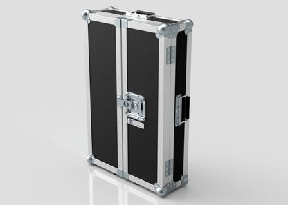 The Vanity Dressing Room Makeup Mirror Case, in black and silver with metal edges, reinforced corners, latch, and handles, stands upright on a reflective surface.