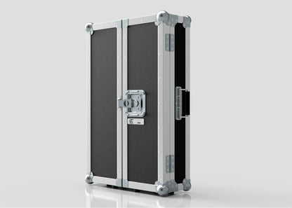 The Vanity Dressing Room Makeup Mirror Case, in black and silver with metal reinforcements, latch, and handle, stands upright on a white surface against a plain background.