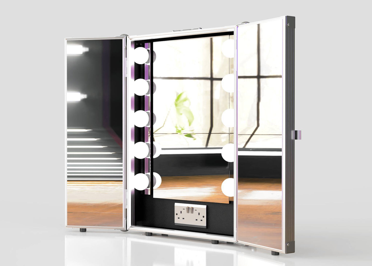 The Vanity Dressing Room Makeup Mirror Case, featuring built-in LED lights and a power outlet, stands open on a wooden surface in a bright room, creating an ideal portable dressing room experience.