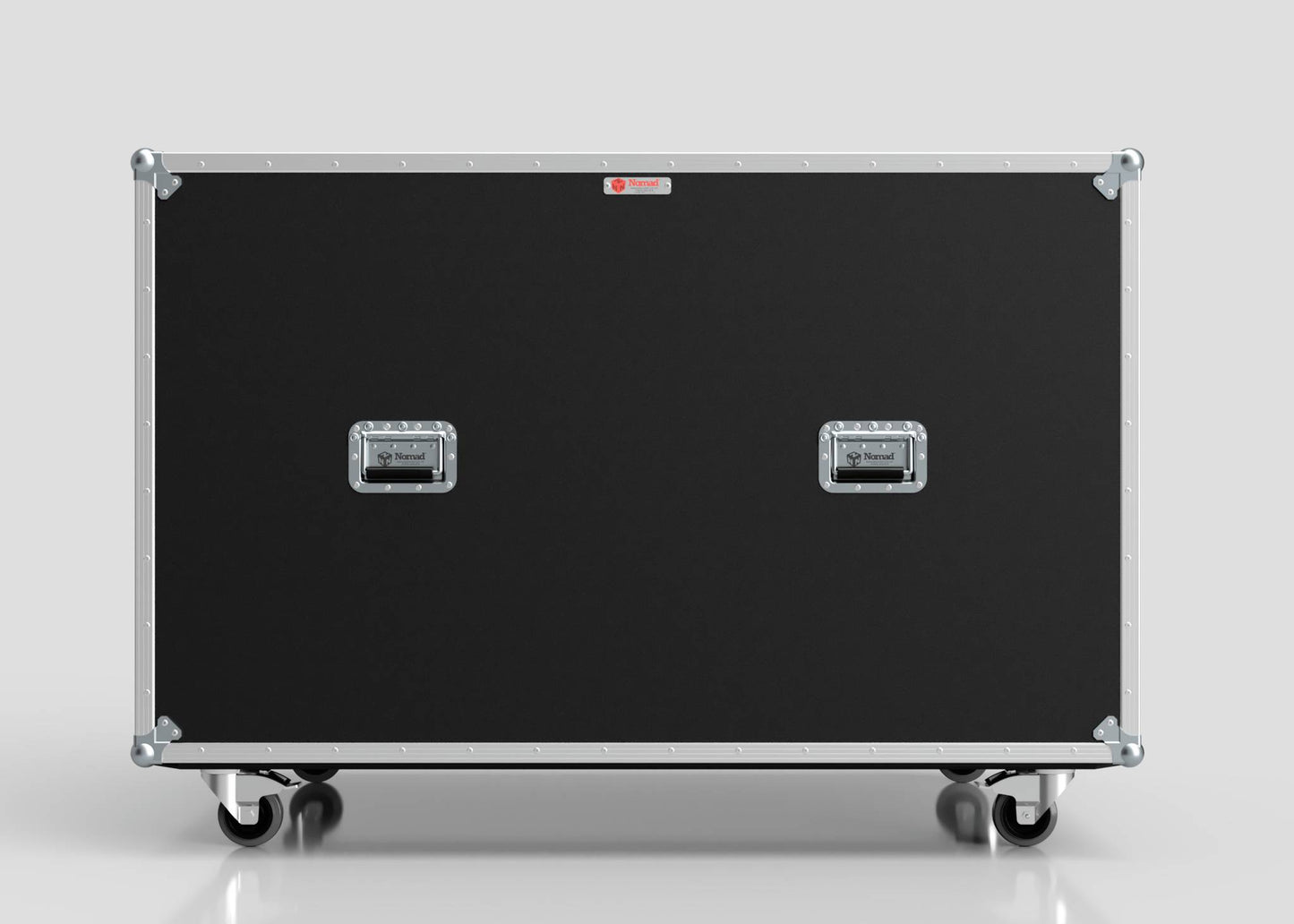 A Washing Machine And Tumble Dryer Case, large and black with metal edges, two handles, and four caster wheels (1512 x 1062 x 1067 mm), is shown against a plain light gray background.