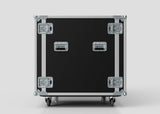 A Washing Machine And Tumble Dryer Case, black and rectangular with metal corners, handles, and latches, measures 1512 x 1062 x 1067 mm and stands on four caster wheels against a plain, light background.