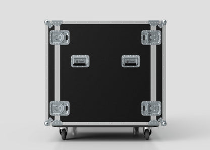 A Washing Machine And Tumble Dryer Case, black and rectangular with metal corners, handles, and latches, measures 1512 x 1062 x 1067 mm and stands on four caster wheels against a plain, light background.