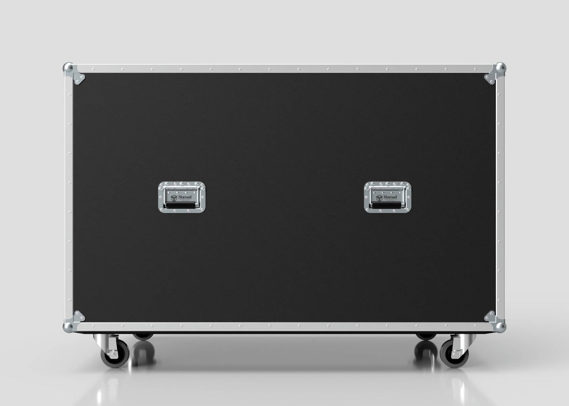 The Washing Machine And Tumble Dryer Case is a large black equipment case (1512 x 1062 x 1067 mm) with two metal handles and four caster wheels, displayed against a plain light gray background.