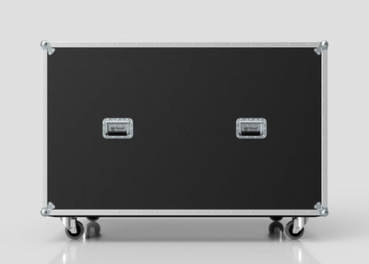 The Washing Machine And Tumble Dryer Case is a large black equipment case (1512 x 1062 x 1067 mm) with two metal handles and four caster wheels, displayed against a plain light gray background.