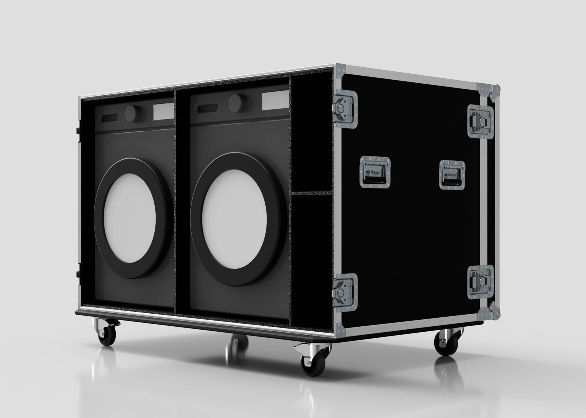 A black Washing Machine And Tumble Dryer Case on wheels, measuring 1512 x 1062 x 1067 mm, securely houses two large black devices with white circular centers, partially visible inside the case.