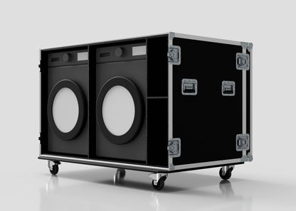 A black Washing Machine And Tumble Dryer Case on wheels, measuring 1512 x 1062 x 1067 mm, securely houses two large black devices with white circular centers, partially visible inside the case.