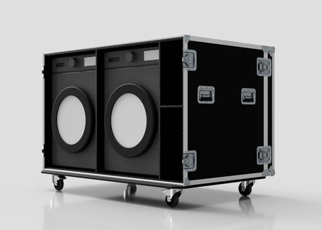 A black Washing Machine And Tumble Dryer Case on wheels, measuring 1512 x 1062 x 1067 mm, securely houses two large black devices with white circular centers, partially visible inside the case.