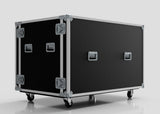 The Washing Machine And Tumble Dryer Case is a large black case with silver metal edges, reinforced corners, handles, latches, and four wheels. Its external dimensions are 1512 x 1062 x 1067 mm, shown against a plain light background.
