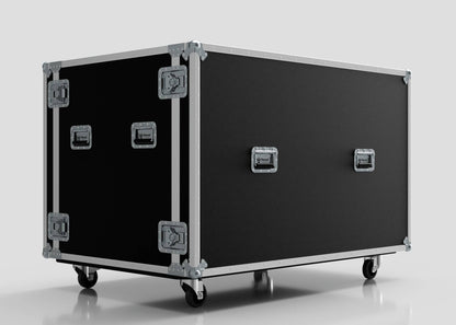 The Washing Machine And Tumble Dryer Case is a large black case with silver metal edges, reinforced corners, handles, latches, and four wheels. Its external dimensions are 1512 x 1062 x 1067 mm, shown against a plain light background.