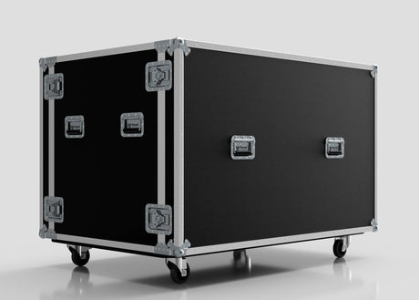 The Washing Machine And Tumble Dryer Case is a large black case with silver metal edges, reinforced corners, handles, latches, and four wheels. Its external dimensions are 1512 x 1062 x 1067 mm, shown against a plain light background.