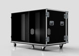 The Washing Machine And Tumble Dryer Case is a black rectangular road case with metal edges, four latches, two handles, caster wheels, an open front showing two vertical compartments; external dimensions are 1512 x 1062 x 1067 mm.