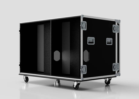 The Washing Machine And Tumble Dryer Case is a black rectangular road case with metal edges, four latches, two handles, caster wheels, an open front showing two vertical compartments; external dimensions are 1512 x 1062 x 1067 mm.